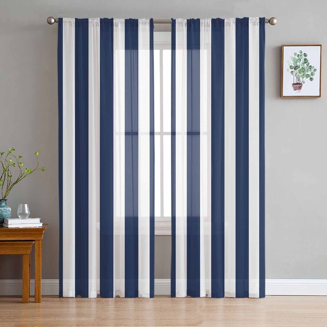 Transparente Vorhänge von Household supplies MH in Marineblau mit geometrischem Streifenmuster aus Polyester, Breite: 135 cm, Höhe: 115 cm - Bild 1