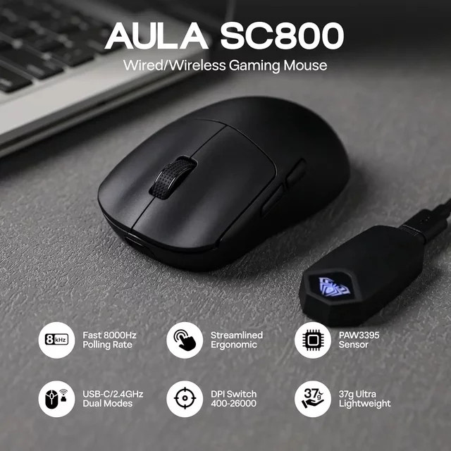 AULA SC800 Gaming Maus mit PAW3395 Sensor, 8K Polling Rate, USB-C und 2.4G Verbindung, Schwarz - Bild 1