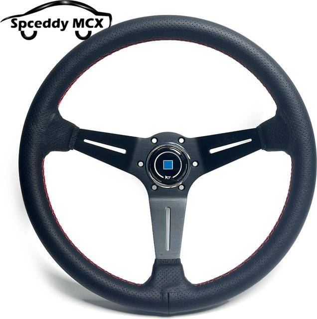 Spceddy Sport Lenkrad aus perforiertem Echtleder in Schwarz, 350 mm Durchmesser, 6 Löcher, PCD, 74 mm Tiefes Lenkrad - Bild 1