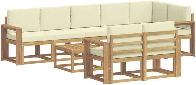 vidaXL Outdoor-Sofagarnitur 9-tlg. in L-Form mit Kissen und Couchtisch, Weiß und Beige, Akazienholz und Polyester - Bild 1