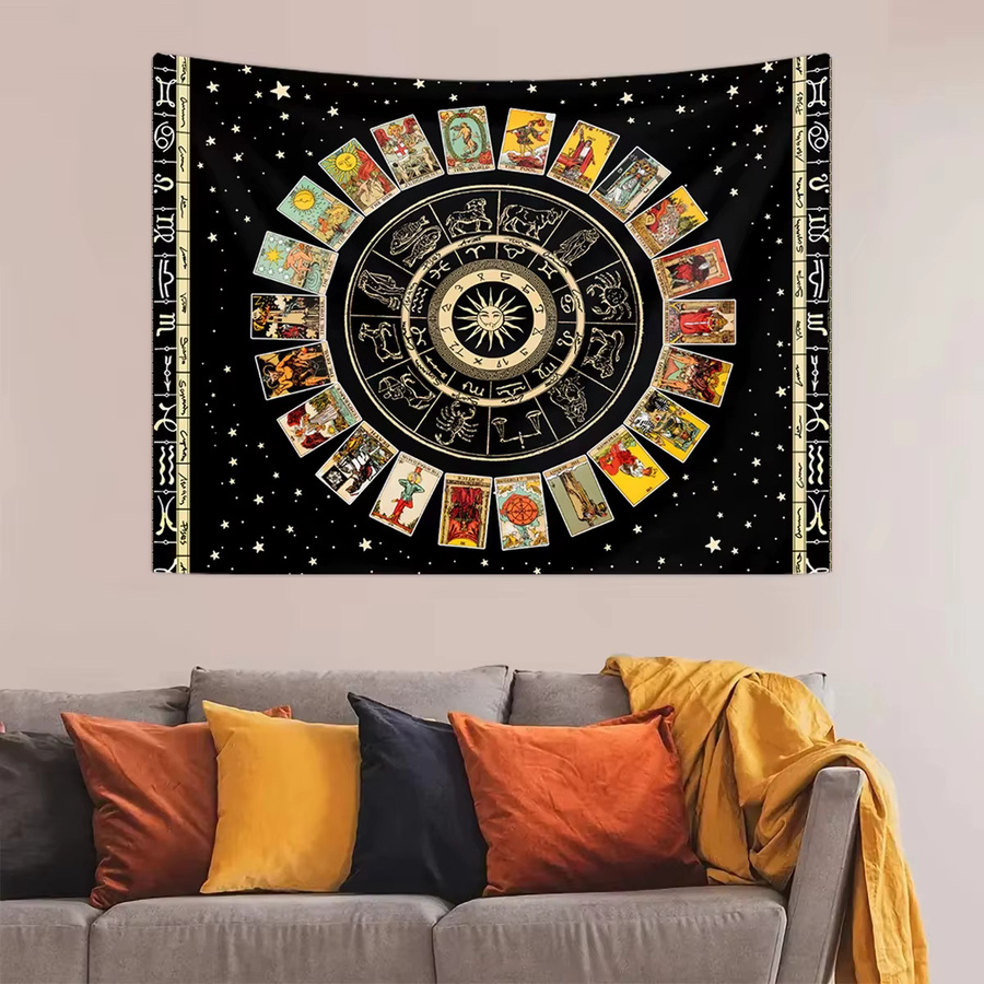 VIKAMA Constellation Tarot Wandteppich in Gold und Schwarz mit mystischen Runen und Sternen, Boho Wanddekoration für Wohnzimmer oder Schlafzimmer, B/H: 60 x 40 cm - Bild 2