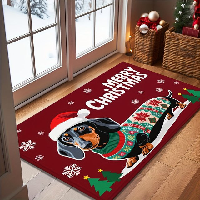 VIKAMA Weihnachts-Willkommensmatte mit Dackel-Hund, rutschfeste Dekomatte aus Polyester in Rot, B/T: 60 x 40 cm - Bild 1