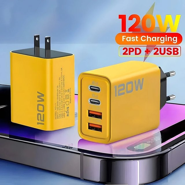 120 W USB C Schnellladegerät mit 4 Ports für iPhone, Samsung und Xiaomi, Ladegerät Adapter mit QC3.0 in Weiß und Gelb - Bild 1