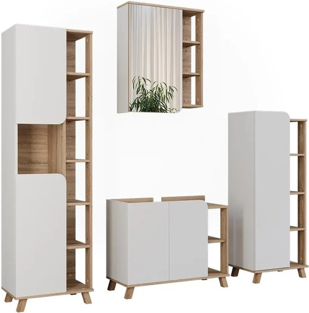 Vicco Badmöbel-Set Karen in Sonoma und Weiß, 4-teiliges modernes Badezimmer-Set mit Waschtischunterschrank, Spiegelschrank, Hochschrank und Seitenschrank - Bild 1