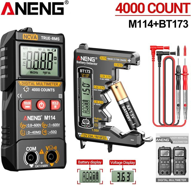 ANENG M114 Digitales Multimeter und BT173 Batterietester Set in Schwarz mit NCV und Hintergrundbeleuchtung - Bild 1