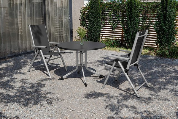 Kettler BasicPlus Pro Balkon-Set aus Aluminium und Textilene in Silber/Anthrazit mit Tisch Ø 100 cm und 2 Klappstühlen