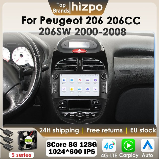 Hizpo 7 Zoll 2Din Android Auto Multimedia Player mit GPS, CarPlay und Bluetooth für Peugeot 206 206CC 206SW (2000-2008), Schwarz - Bild 1