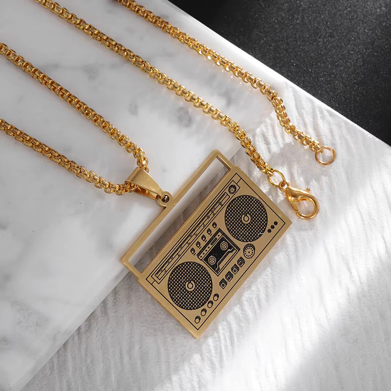 SMALING Anhänger-Halskette, Retro-Radio, Edelstahl, Gold, Unisex - Bild 3