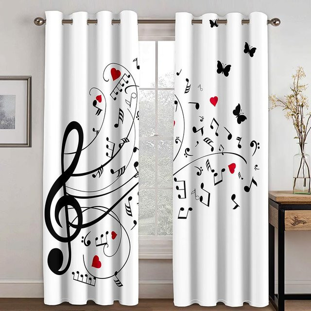 3D-Vorhang Set mit Musiksymbolen und Blumenmuster, 2 Paneele, Lila Grün Gold Weiß, B: 100 cm, H: 240 cm - Bild 1