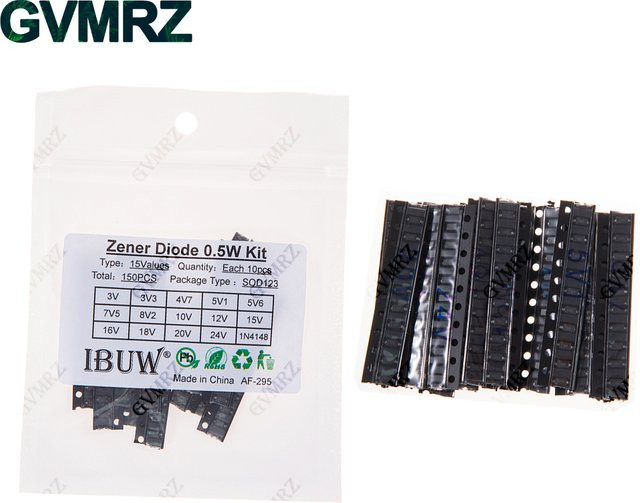Zener Diode Kit mit 150 Stück und 15 Werten 0,5W 3V-24V 1N4148 SOD123 in Schwarz für Spannungsregelprojekte - Bild 1
