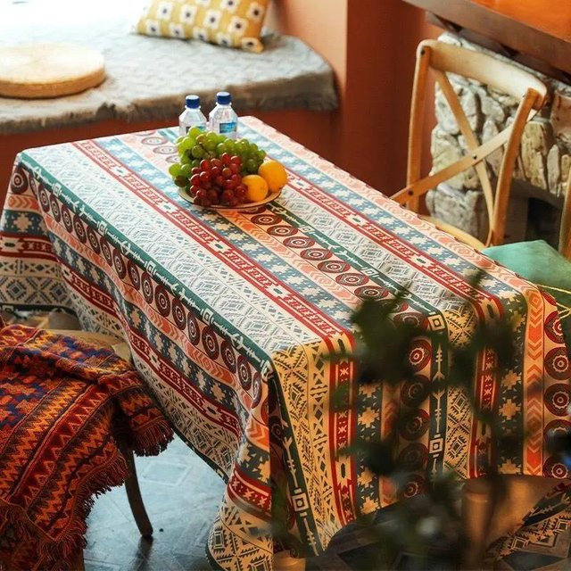 Wasserdichte und ölbeständige Tischdecke im Boho-Stil von Super Six, rechteckig und gestreift, Mehrfarbig, B/T: 140 x 140 cm - Bild 1