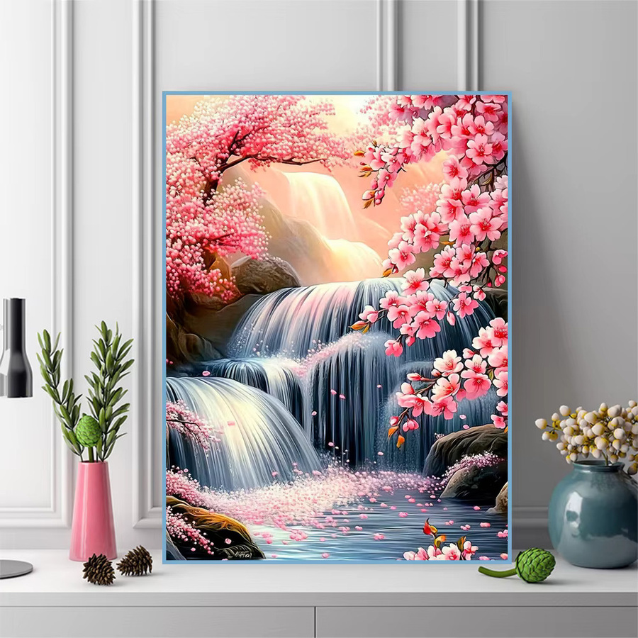 EverShine Diamant-Stickerei Landschaftsbild mit Wasserfall und Kirschblüten, quadratisches Strass-Mosaik-Gemälde zur Wanddekoration, Mehrfarbig, B: 30,0 cm, H: 30,0 cm, T: 20,0 cm - Bild 3