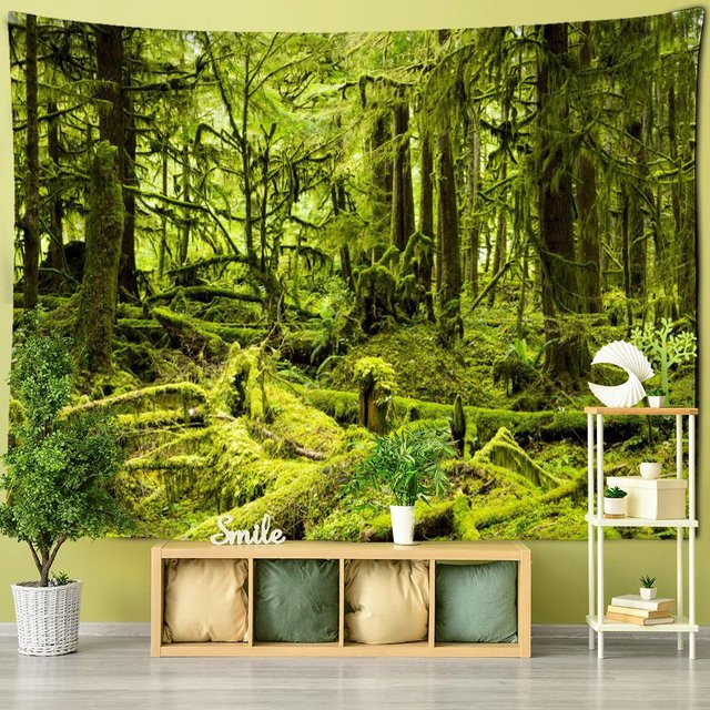 Wandteppich Super Six mit Waldlandschaft und Baum im Boho-Stil, Farbe Grün, B/H: 95 x 70 cm - Bild 1