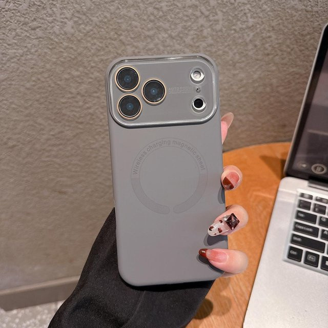 Stoßfeste Silikonhülle für iPhone 17 16 15 14 13 Pro Max mit Magnet und Sichtfenster in Grau - Bild 1