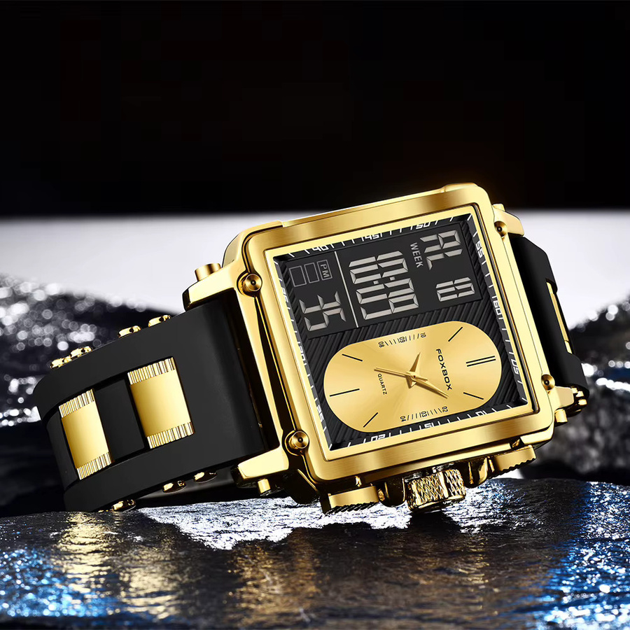 FOXBOX Digitaluhr, Quarz, Silikon, Schwarz, Gold, Herren - Bild 3