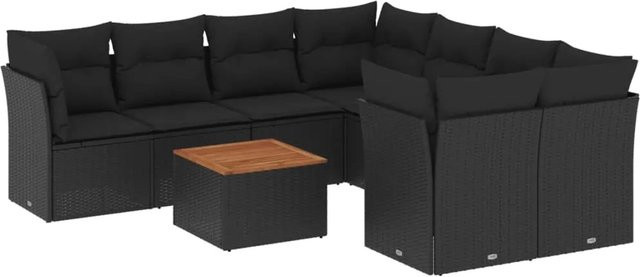 vidaXL 9-teilige Garten-Sofagarnitur mit Kissen aus Poly-Rattan und Akazienholz in Schwarz - Bild 1