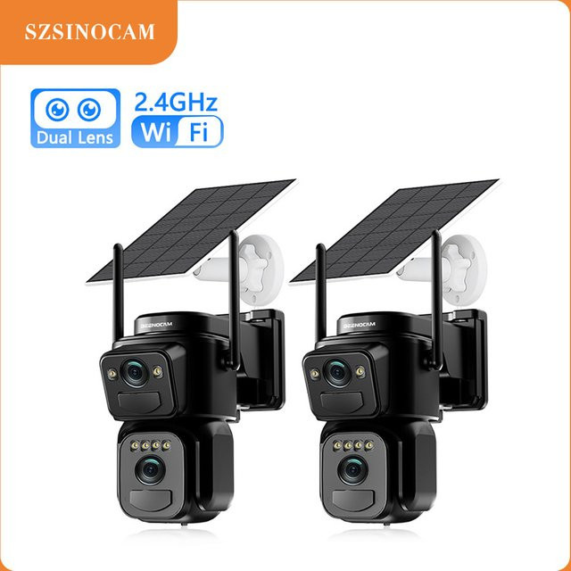 SZSINOCAM 2er-Set Dual-Objektiv Solar-WLAN-Kamera für Außenbereich in Schwarz mit integriertem Akku und Alarmfunktion - Bild 1