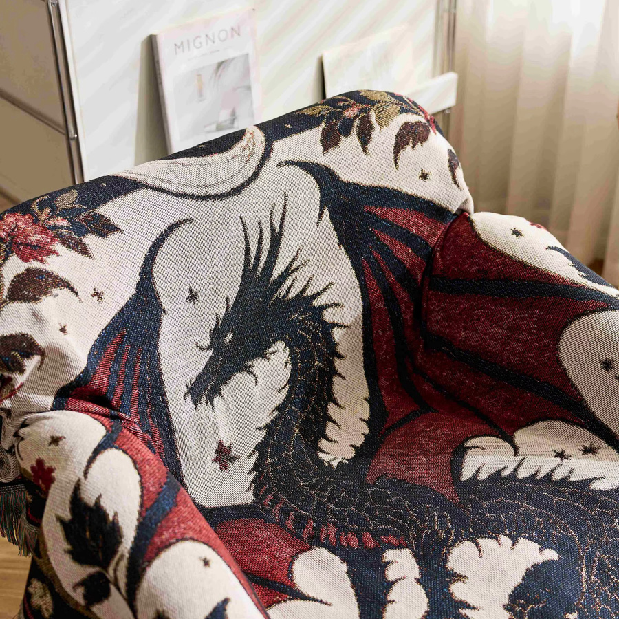 Textile City Fantasy Dragon Moon Überwurfdecke Jacquard-Webung Vintage Floral, Mehrfarbig, B/B/H: 160 x 130 cm - Bild 2