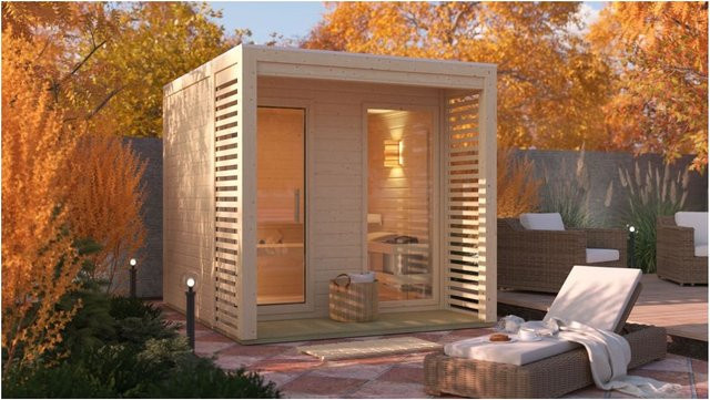 Karibu Saunahaus Angelia Log Cabin aus Fichtenholz mit 9 kW Saunaofen und eingebauter Steuerung naturbelassen Set (38 mm Wandstärke) - Bild 1