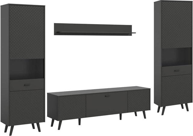 Wohnwand LINEA von xonox.home in Grau und Schwarz, modern mit Lowboard und Vitrine, B/H/T: 331 x 195 x 40 cm - Bild 1