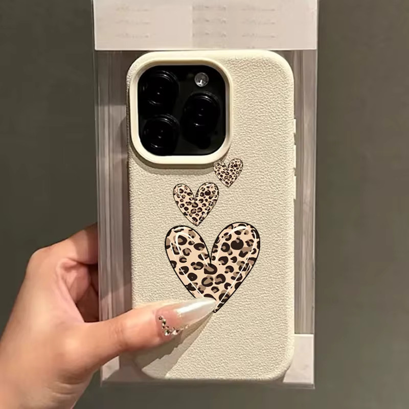 Handyhülle mit Leopardenmuster und Herzmuster für iPhone 11 bis iPhone 17 Pro Max in Beige - Bild 3