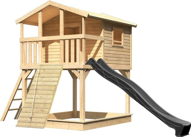 Karibu Stelzenhaus Benjamin aus Massivholz mit Rutsche und Holzrampe in Natur-Anthrazit - Bild 1