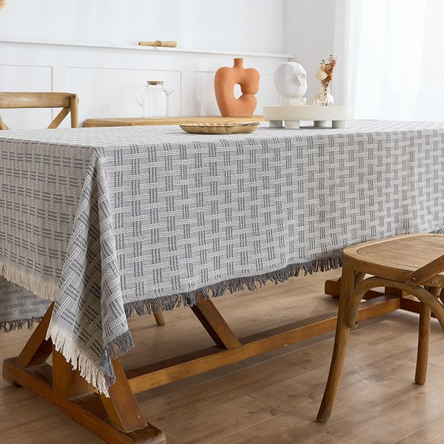 Graue Tischdecke aus Baumwolle und Leinen im Bauernhaus-Stil mit Quasten für Küche und Esszimmer - Bild 1