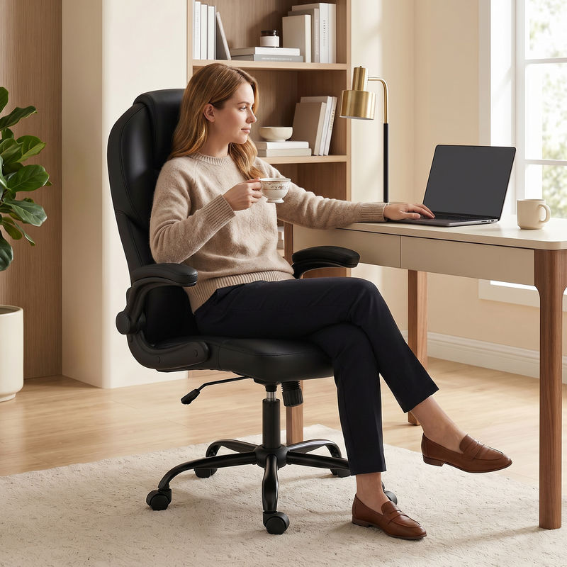 HOMCOM Ergonomischer Bürostuhl in Schwarz mit klappbaren Armlehnen, gepolstertem PU-Ledersitz und Wippfunktion für Home-Office und Büro - Bild 2