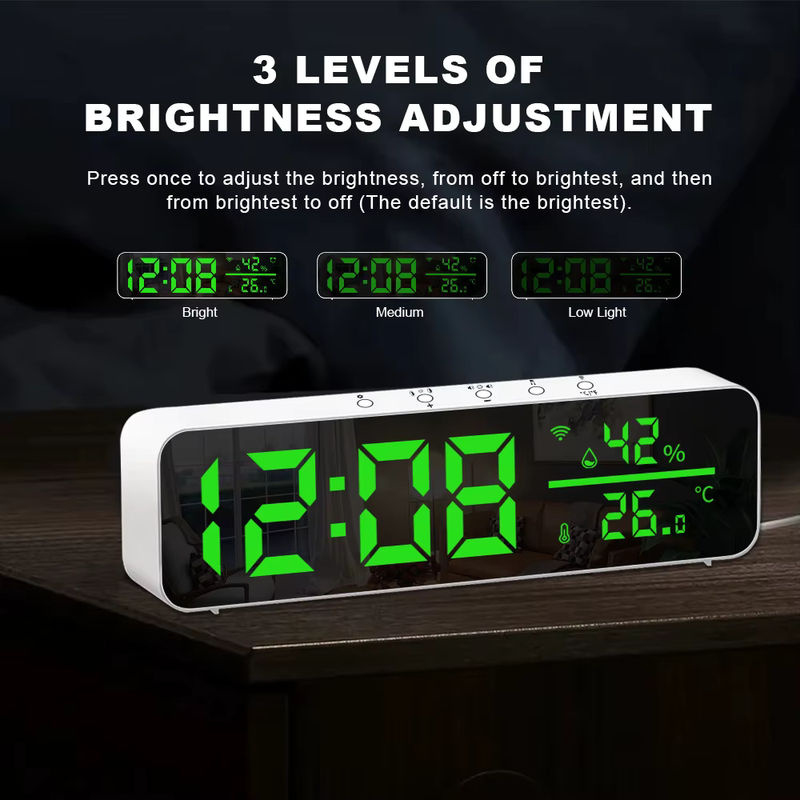 Tuya WiFi LED Desktop Wecker mit Temperatur- und Feuchtigkeitssensor, Spiegel-Display und USB-Anschluss, Weiß - Bild 4