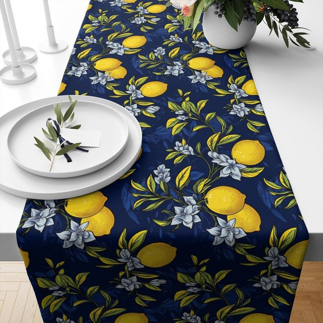 JINGYUE Pet Tischläufer aus Leinen mit Zitronen-Blumen-Motiv in Marineblau und Gelb, B/L: 33 x 150 cm - Bild 1