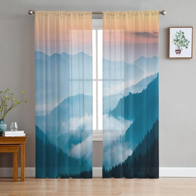 Transparent bedruckter Tüllvorhang von A Family Of Home Textiles mit Naturmotiv in Blau, Breite: 135 cm, Höhe: 137 cm - Bild 1