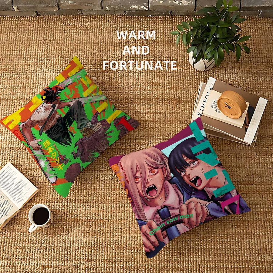 Dekorative Anime Chainsaw Man Kissenhülle aus Peach Skin, Multicolor, B/H: 18 x 18 cm - Bild 1