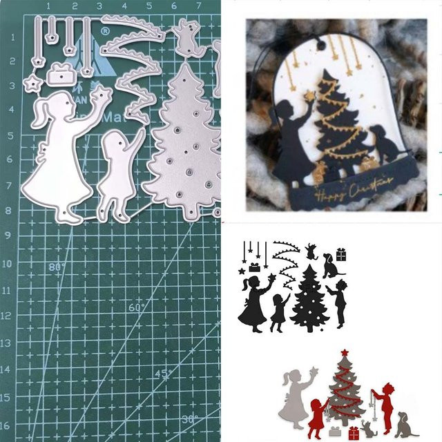 Silberne Metall-Stanzform mit Weihnachtsbaum, Hunden und Kindern für DIY-Dekorationen und Scrapbooking - Bild 1