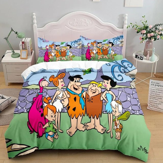 Bettwäsche Set mit 3D Anime Familie Feuerstein Motiv aus Mikrofaser, B/B: 135 x 200 cm, Mehrfarbig - Bild 1