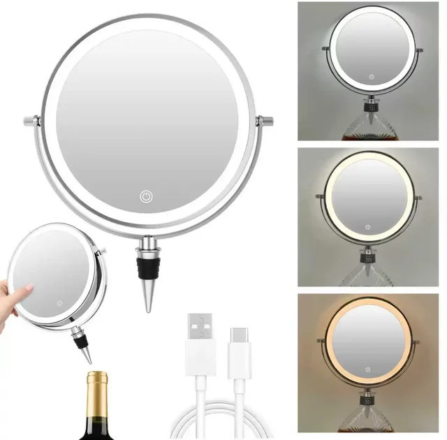 TUSETU Kosmetikspiegel mit LED-Licht, 360 Grad rotierender Make-up-Spiegel mit 10-facher Vergrößerung und dimmbarer Beleuchtung, Silber - Bild 1