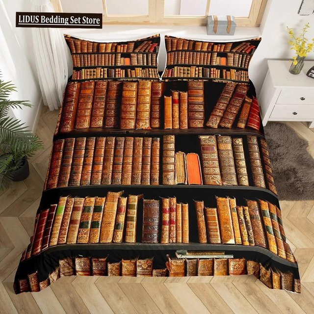Bettwäsche Vintage Bibliothek Design für Buchliebhaber, Bettbezug und Kissenbezug aus Mikrofaser, Farbe: Braun, B/H: 135 x 200 cm - Bild 1
