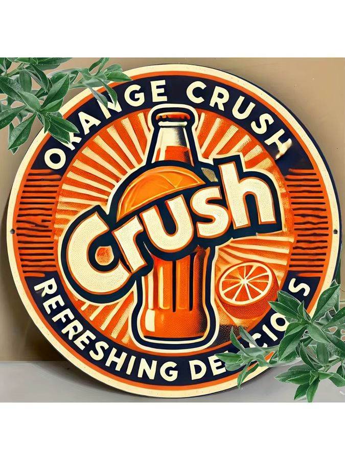 Potdemiel Orange Crush 2D-Metallschild aus Aluminium, rundes Vintage-Soda-Wandkunst-Design mit Sunburst-Hintergrund, Durchmesser: 20,3 cm - Bild 5