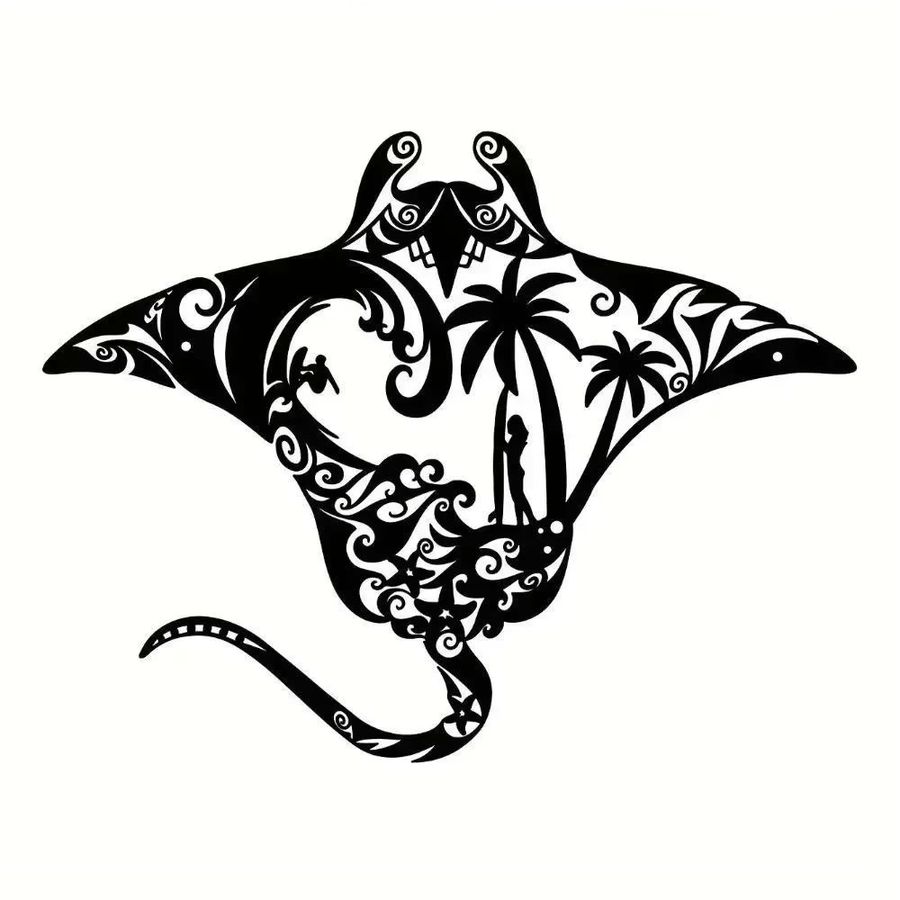 CIFBUY Wandkunst Manta-Ray aus Metall in Schwarz mit Surfbrett, Wellen, Seestern und Palmen-Silhouette zur Wandmontage - Bild 2