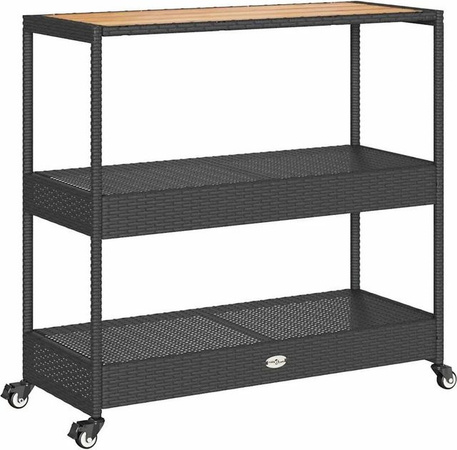 vidaXL Barwagen mit 3 Böden aus Akazienholz und Poly-Rattan in Schwarz und Braun, B/T/H: 100 x 40 x 40 cm