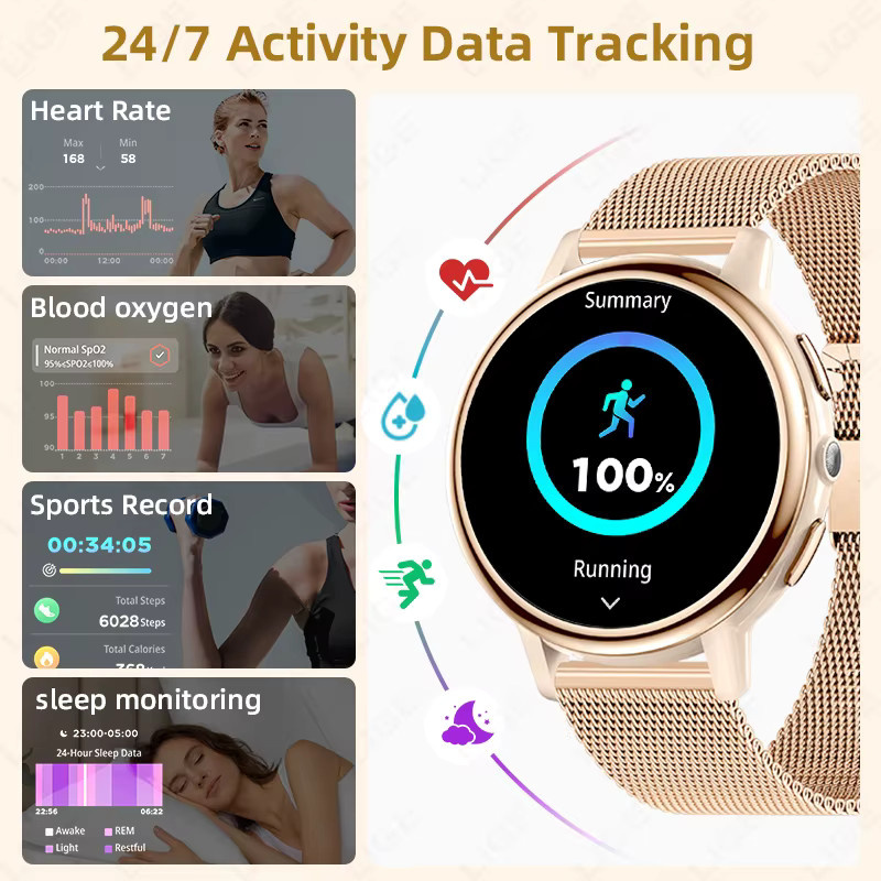 LIGE Smartwatch für Damen in Schwarz mit Milanaise-Edelstahlarmband, Rundes Display, Bluetooth-Anruf, Herzfrequenzmessung und Schrittzähler, Wasserdicht - Bild 4