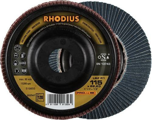 Rhodius PROline LSZ P1 Fächerschleifscheibe für Edelstahl und Stahl, Körnung K120, Durchmesser: 115 mm, Bohrung: 22,23 mm, 10 Stück - Bild 1