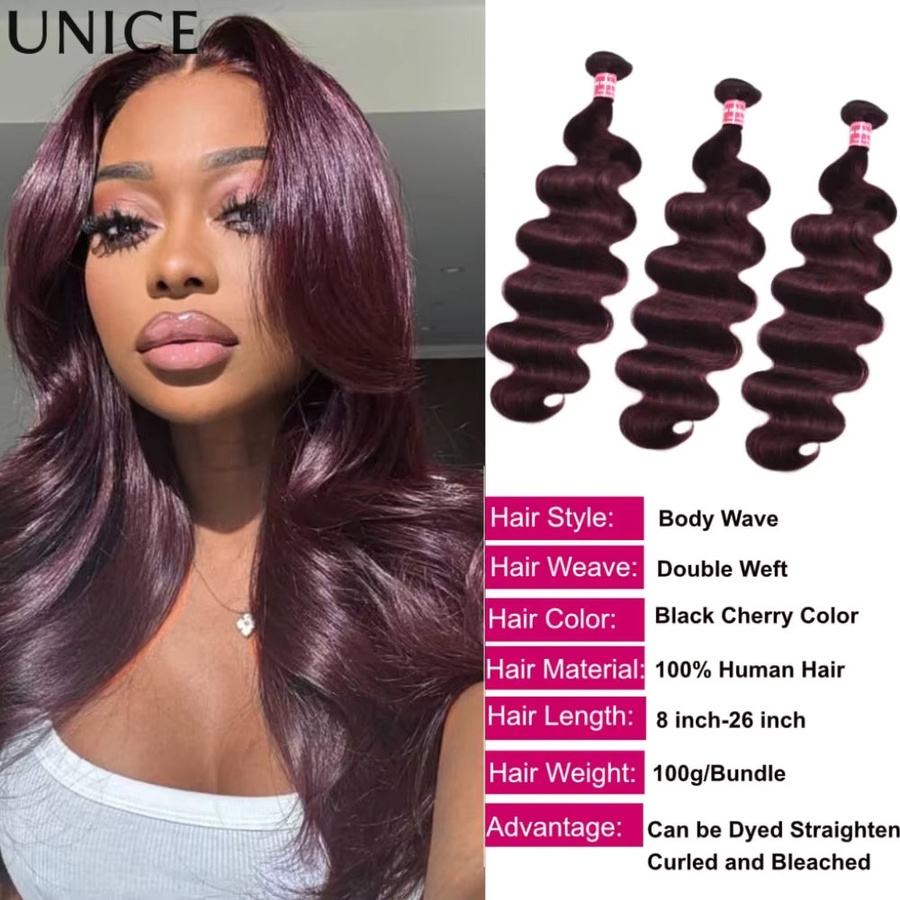 UNice Black Cherry Body Wave Echthaar-Bündel, 100 g pro Bündel - Bild 3