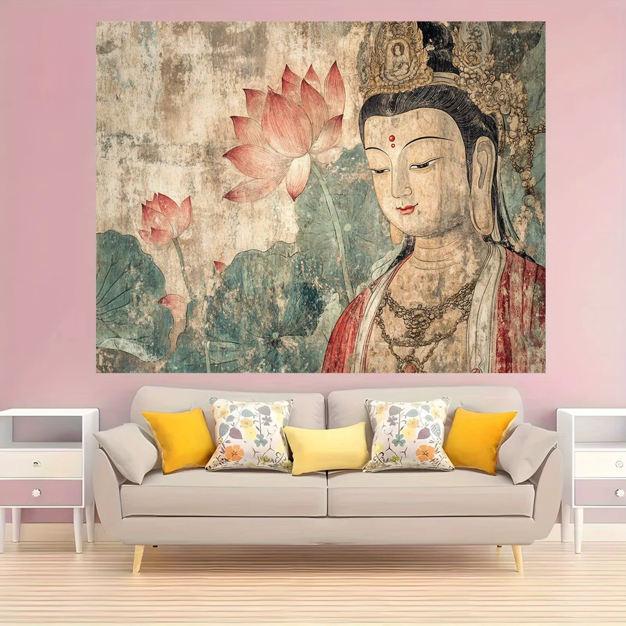 VIKAMA Wandteppich Dunhuang-Stil mit Guanyin und Lotus, Retro Zen Buddha Wandbehang in Multicolour, B: 60 cm, H: 40 cm - Bild 2
