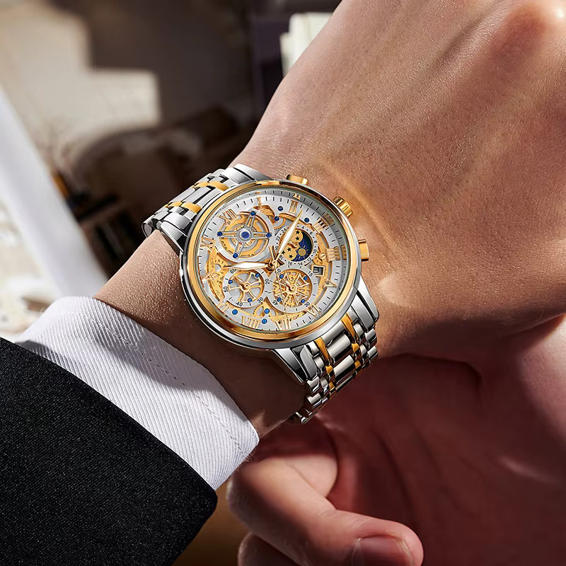 LIGE Chronograph Armbanduhr, Quarz, Edelstahl, Gold, Herren - Bild 4