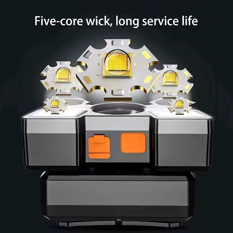 XIWANGFIRE 5LED Hochleistungs-Stirnlampe, superhelle wiederaufladbare LED-Stirnlampe in Schwarz für Camping, Angeln und Bergbau - Bild 2