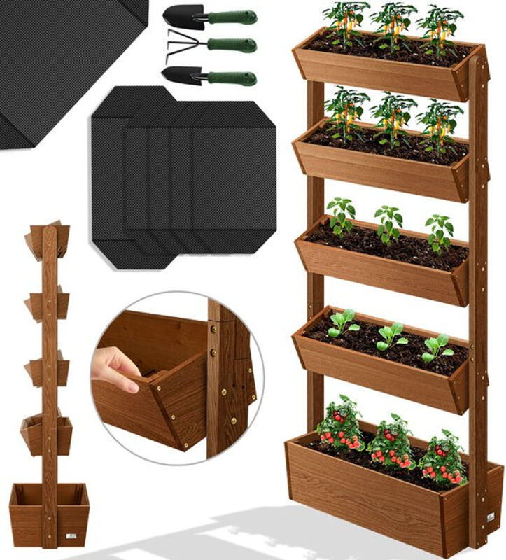 KESSER Hochbeet mit Etagen als Premium Blumenkasten und Pflanztreppe aus Tannenholz in Braun inklusive Gartenvlies für Terrasse, Balkon und Garten - Bild 2