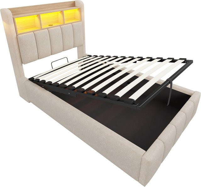 Merax Kinderbett mit LED-Unterbettbeleuchtung, USB-Anschluss und Hydraulik-Stauraum in Beige - Bild 1