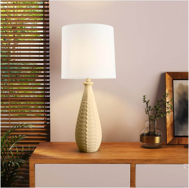 HOME DELUXE Tischlampe MELVA mit Stoffschirm und Keramikfuß in Weiß - Bild 1