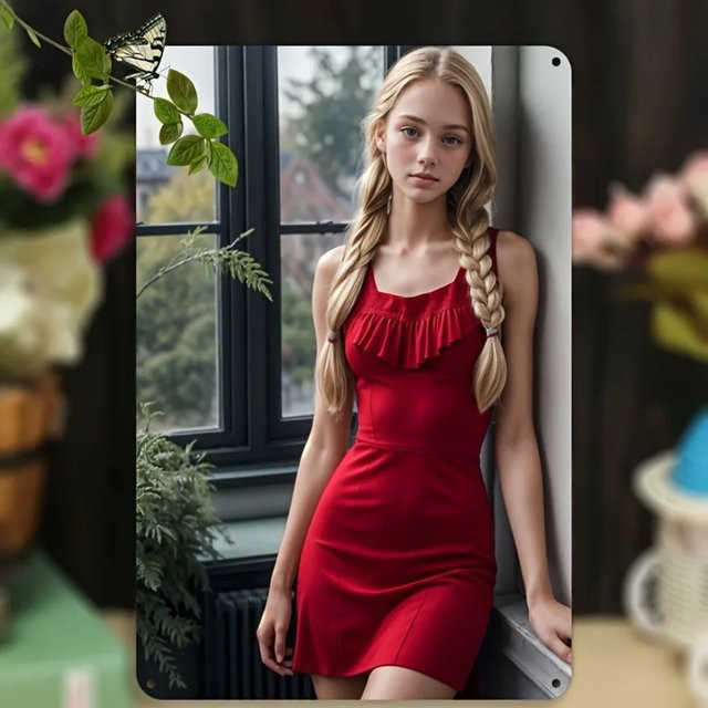 HELLOYOUNG Vintage Aluminium Blechschild Blondes Mädchen im roten Kleid Wandkunst für Wohnzimmer und Schlafzimmer, Breite: 20,32 cm, Höhe: 30,48 cm - Bild 1