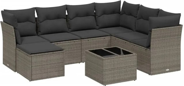 vidaXL 8-teilige Garten-Sofagarnitur in L-Form aus Poly-Rattan mit Kissen und Couchtisch, Hellgrau - Bild 1